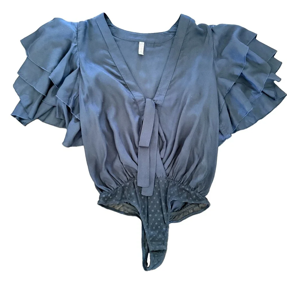 Free People Call Me Later Bodysuit Layered Flutter Slv Navy Size 4 Plunging Neck